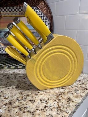 VTG Fiesta Knife Set Yellow Color Complete 10 Pieces in Wood Block Sunflower
